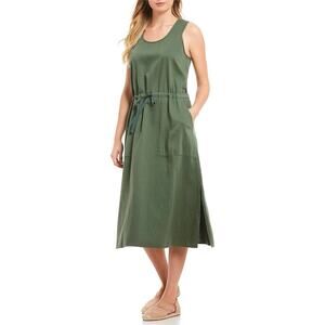Eileen Fisher Sz M Nori Green Soft Organic Cotton Twill Scoop Neck Midi Dress